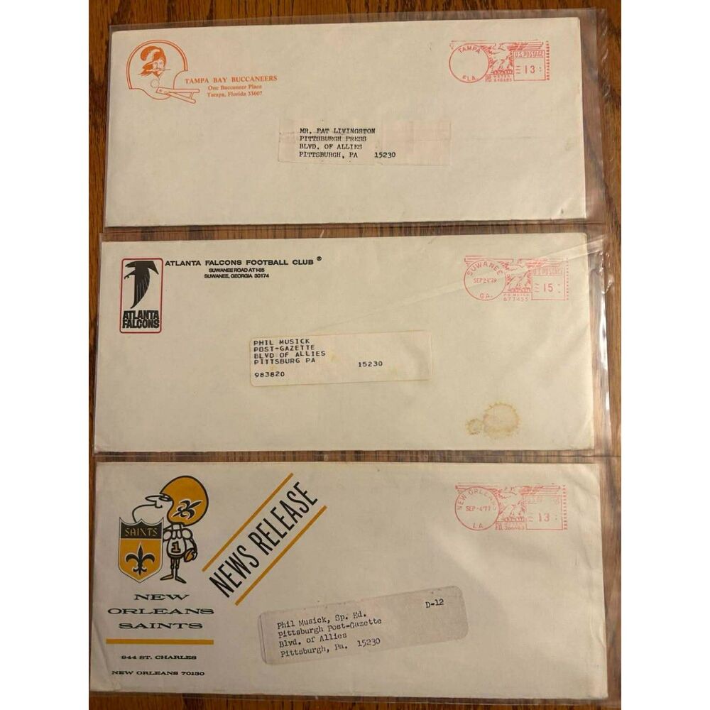 Rare NFL lot of 3 press release envelopes 1970s Saints Falcons Buccaneers